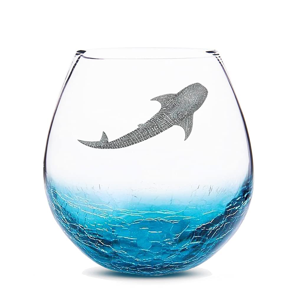 Valentines Day Gifts from Daughter, Whale Shark Handmade Engraved Crackle Stemless Wine Glass 18 Ounces Hawaiian Gifts for Women