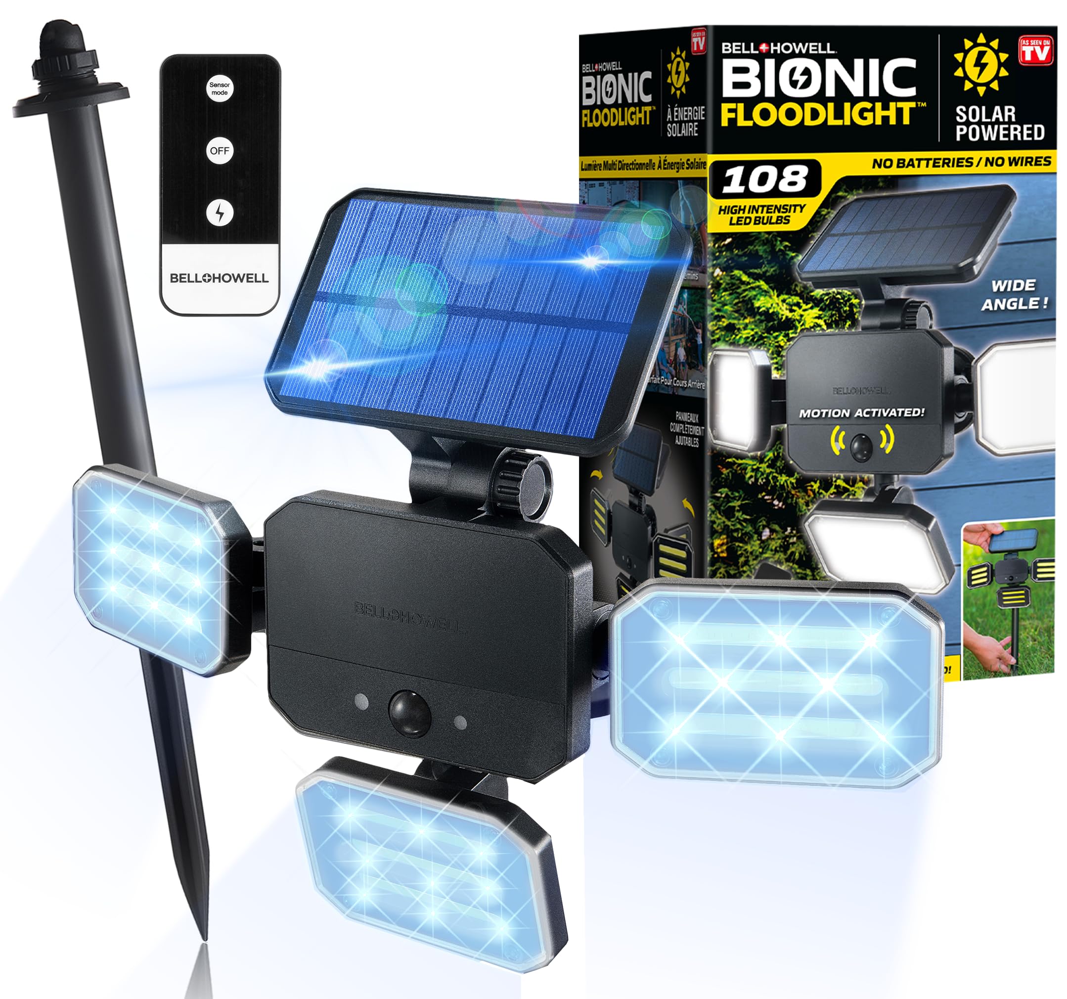 Bell+Howell Bionic Flood Light ASON TV, Solar Lights Outdoor Waterproof- 50% Brighter 108 COB-LED's w/Motion Sensor 180° Swivel, Adjustable Panels for Garden, Lawn and Patio As Seen On TV