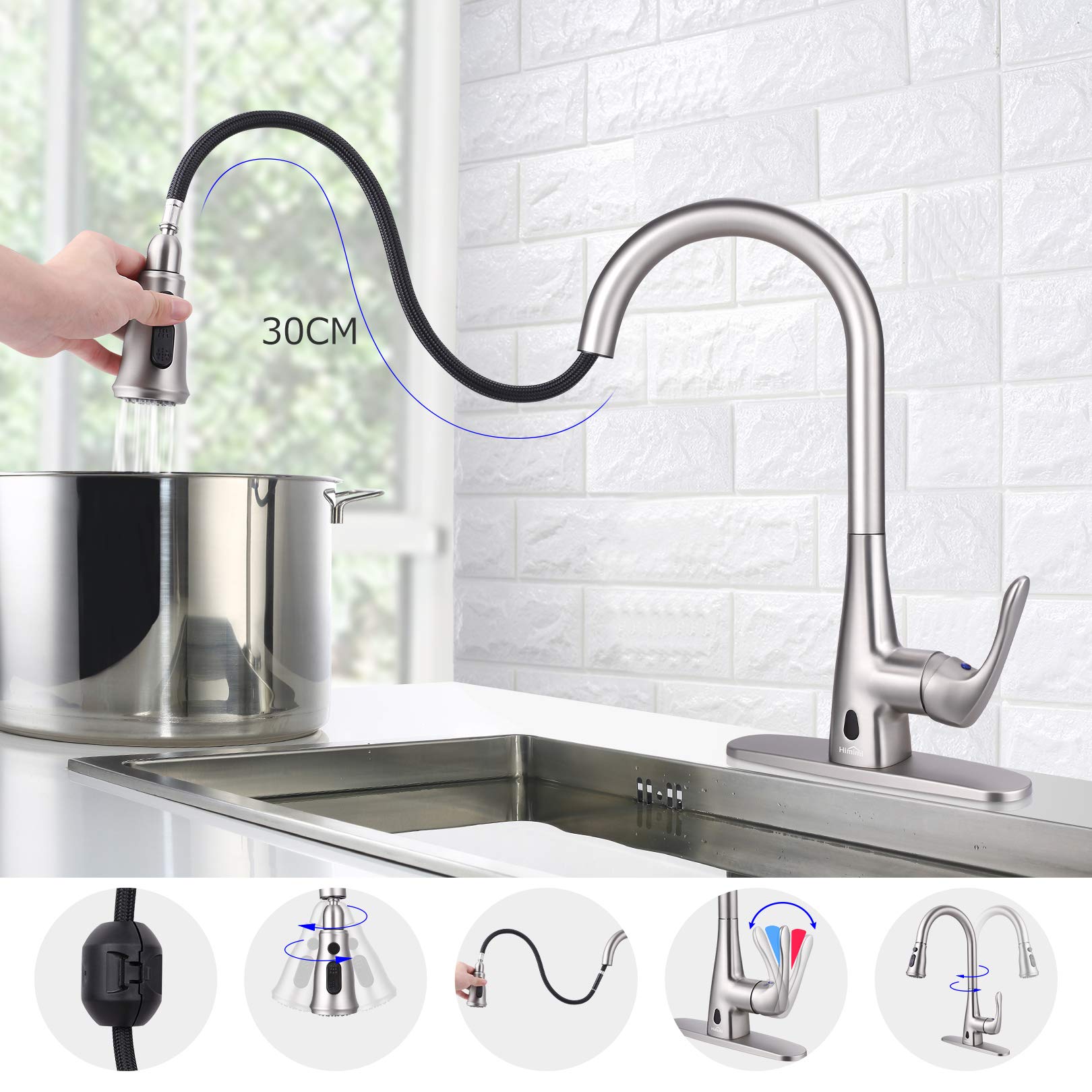 Touchless Kitchen Faucet, Himimi Single Handle Pull Down Sprayer Kitchen Sink Faucet, Dual Sensor Smart Faucet for Kitchen Sink,1 Hole and 3 Hole Deck Stainless Kitchen Faucet, Fingerprint-Resistant