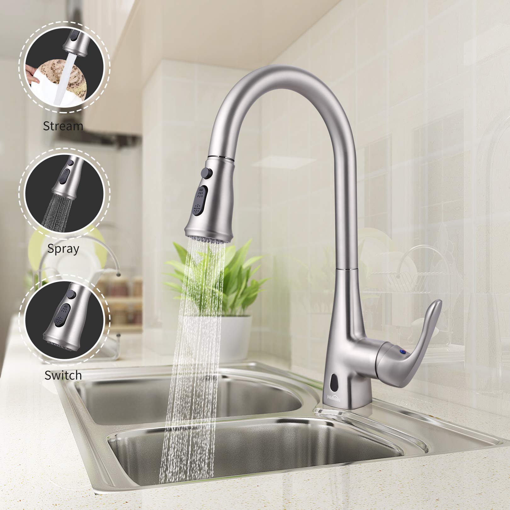 Touchless Kitchen Faucet, Himimi Single Handle Pull Down Sprayer Kitchen Sink Faucet, Dual Sensor Smart Faucet for Kitchen Sink,1 Hole and 3 Hole Deck Stainless Kitchen Faucet, Fingerprint-Resistant