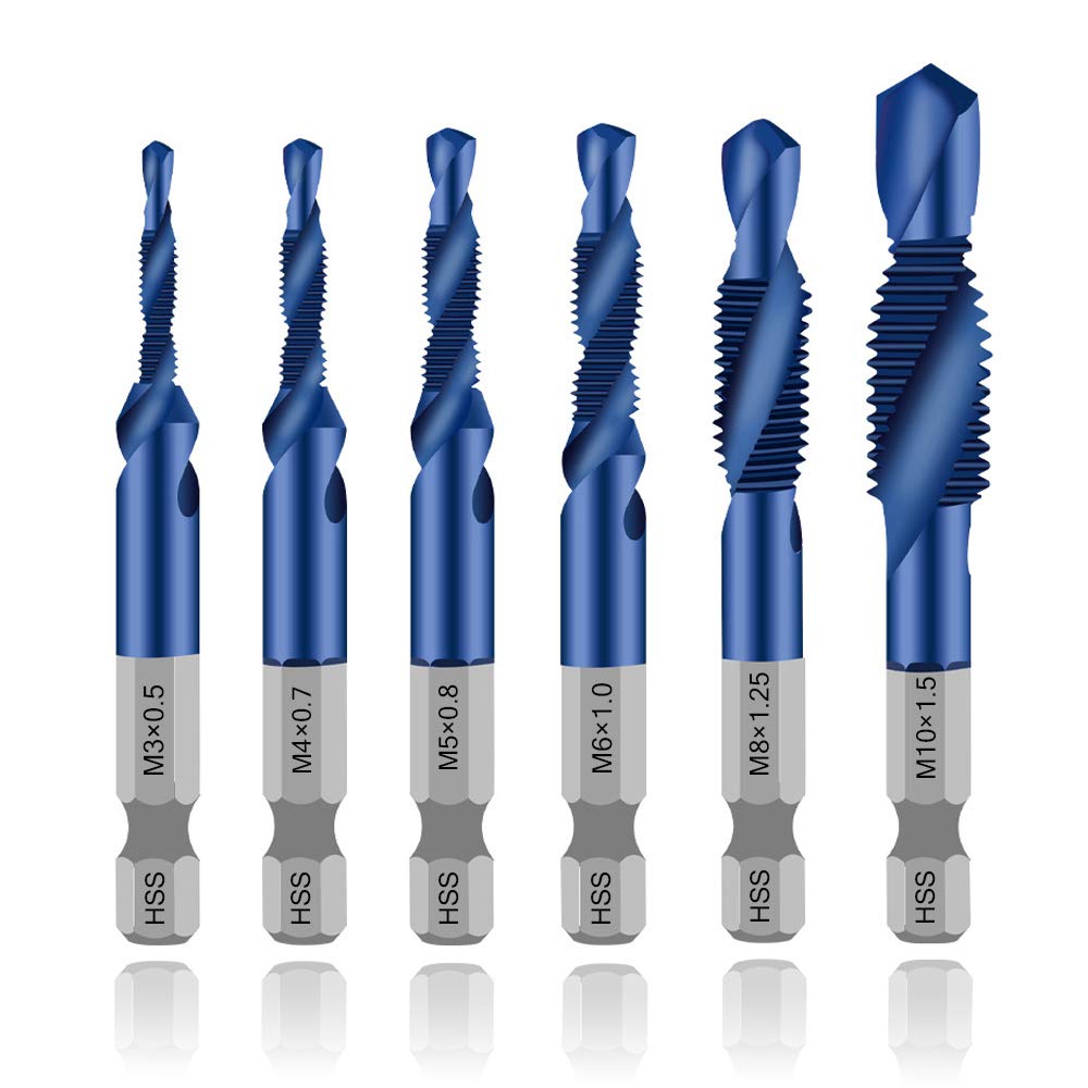 6 Packs Combination Drill & Taps Bit Set, Screw Tapping in 6 Sizes Metric Thread M3 M4 M5 M6 M8 M10 with Nano Blue Coating， Hex Shank