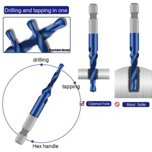 6 Packs Combination Drill & Taps Bit Set, Screw Tapping in 6 Sizes Metric Thread M3 M4 M5 M6 M8 M10 with Nano Blue Coating， Hex Shank