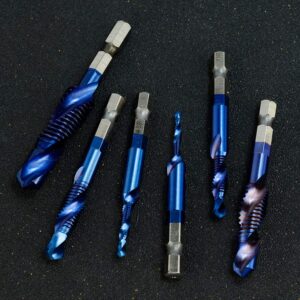 6 Packs Combination Drill & Taps Bit Set, Screw Tapping in 6 Sizes Metric Thread M3 M4 M5 M6 M8 M10 with Nano Blue Coating， Hex Shank