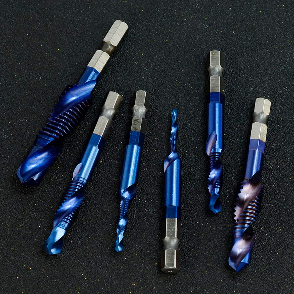 6 Packs Combination Drill & Taps Bit Set, Screw Tapping in 6 Sizes Metric Thread M3 M4 M5 M6 M8 M10 with Nano Blue Coating， Hex Shank