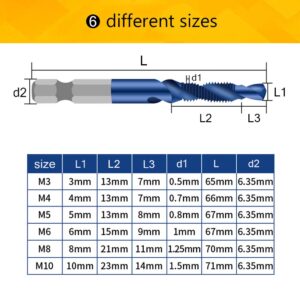 6 Packs Combination Drill & Taps Bit Set, Screw Tapping in 6 Sizes Metric Thread M3 M4 M5 M6 M8 M10 with Nano Blue Coating， Hex Shank