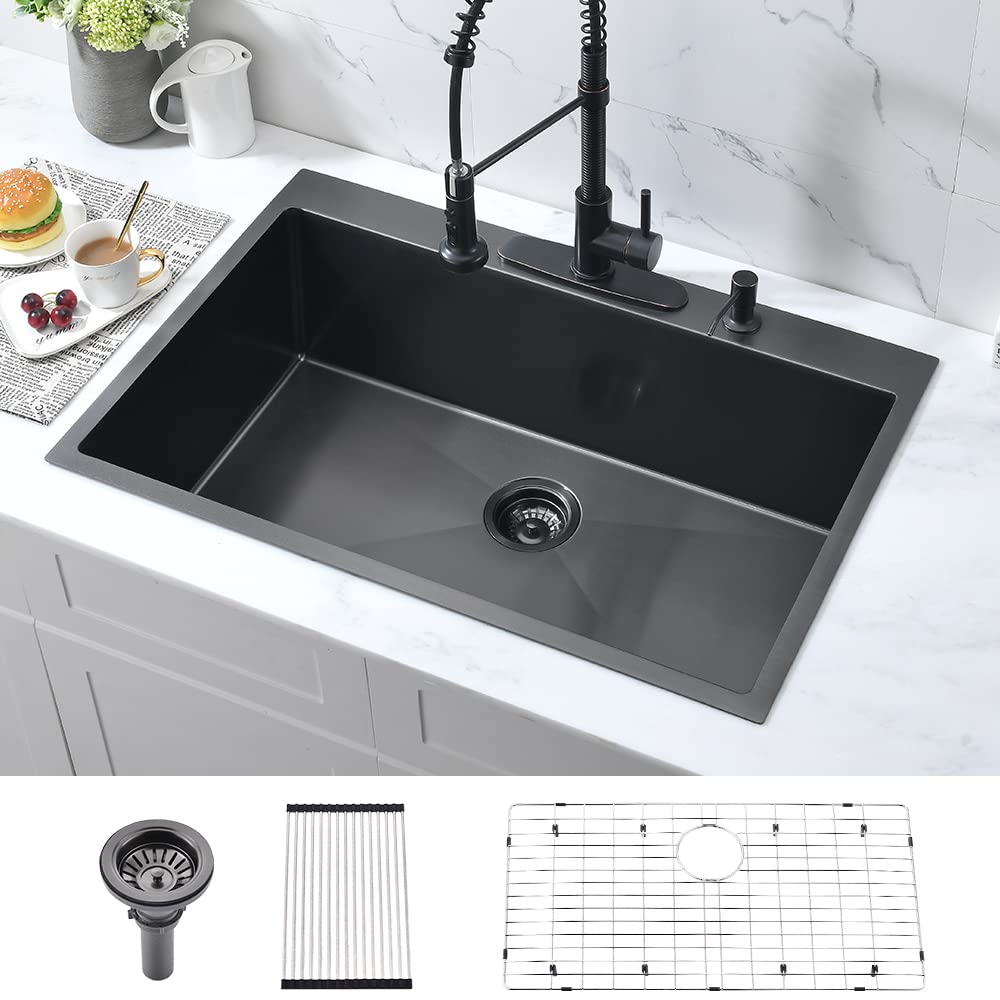 33 Inch Black Kitchen Sink Drop In-Bokaiya 33x22 Black Stainless Steel Drop In Kitchen Sink Topmount 16 Gauge Deep Matte Black Single Bowl Kitchen Sink with Dish Grid & Roll Up Rack