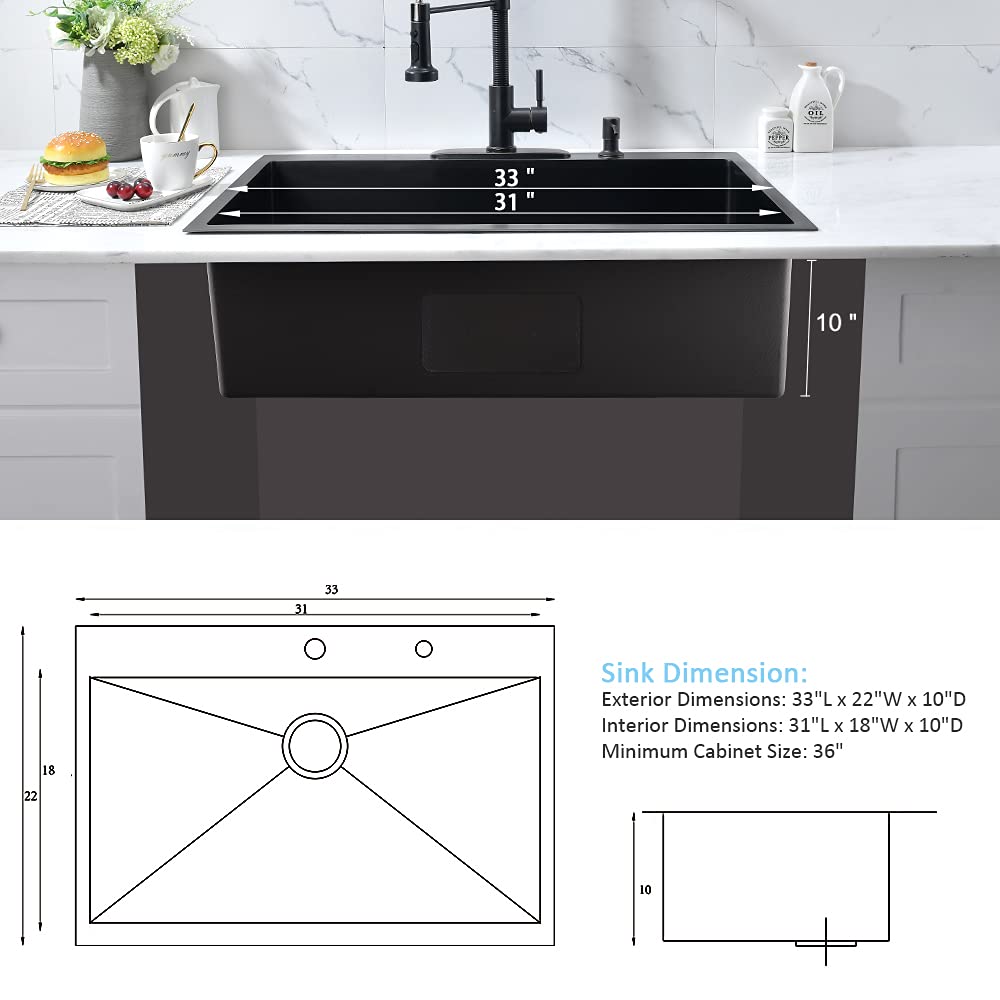 33 Inch Black Kitchen Sink Drop In-Bokaiya 33x22 Black Stainless Steel Drop In Kitchen Sink Topmount 16 Gauge Deep Matte Black Single Bowl Kitchen Sink with Dish Grid & Roll Up Rack