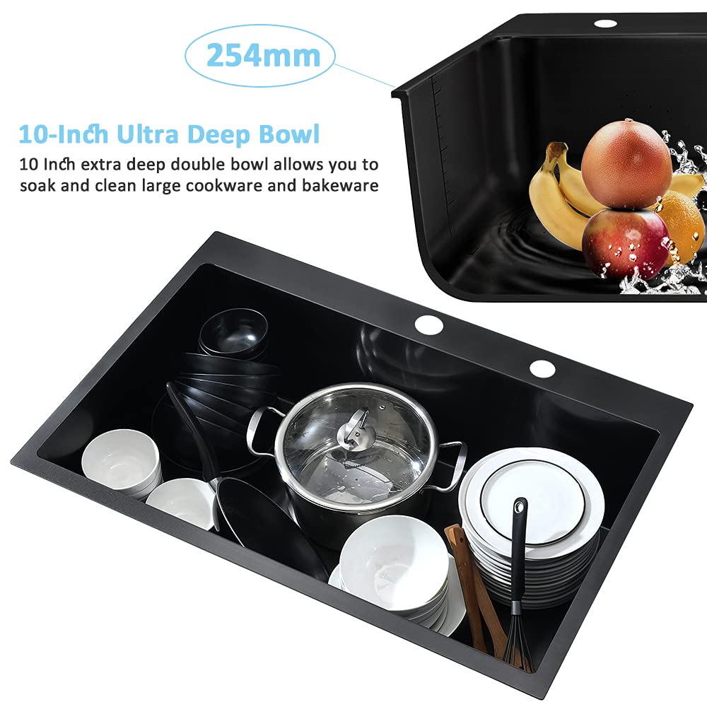 33 Inch Black Kitchen Sink Drop In-Bokaiya 33x22 Black Stainless Steel Drop In Kitchen Sink Topmount 16 Gauge Deep Matte Black Single Bowl Kitchen Sink with Dish Grid & Roll Up Rack