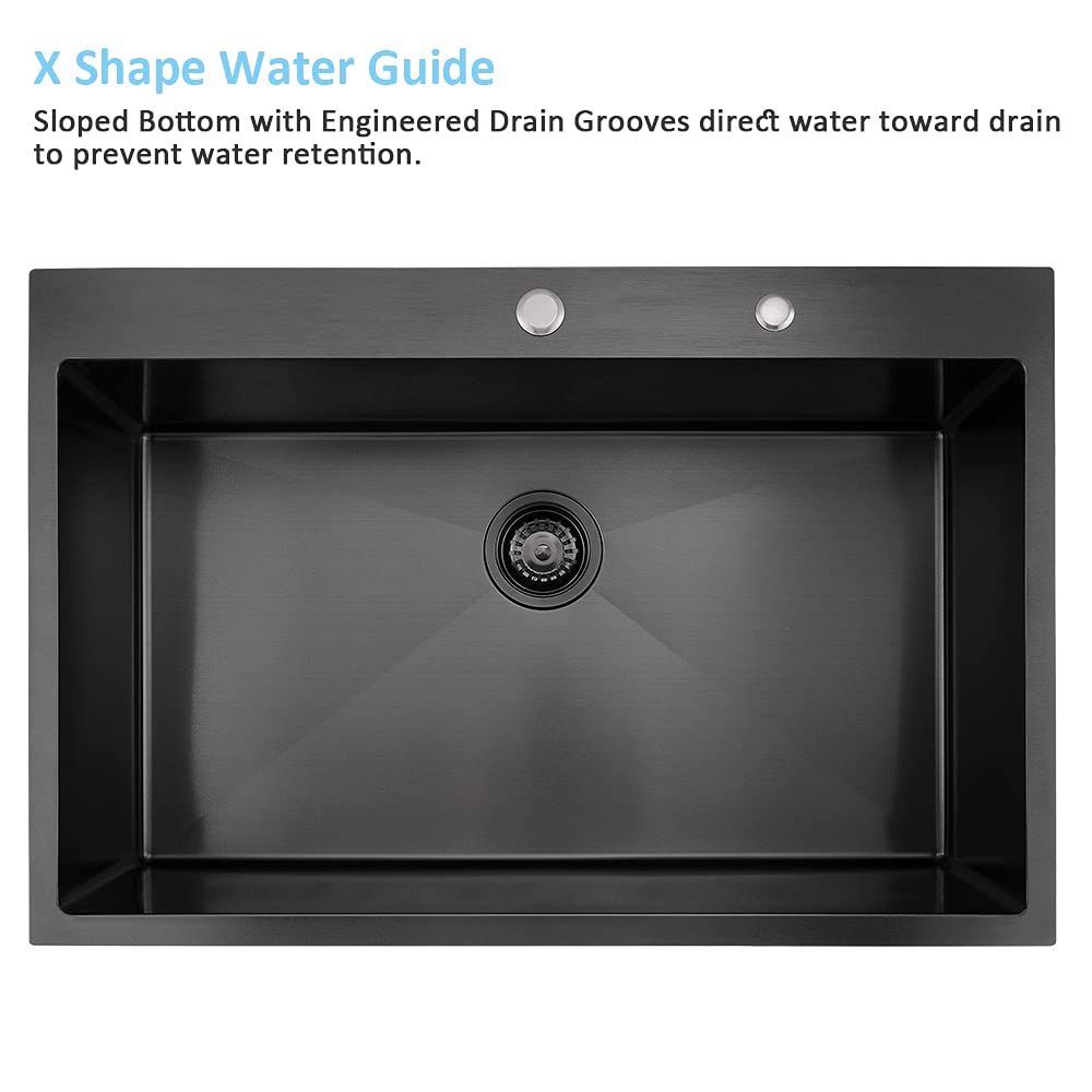 33 Inch Black Kitchen Sink Drop In-Bokaiya 33x22 Black Stainless Steel Drop In Kitchen Sink Topmount 16 Gauge Deep Matte Black Single Bowl Kitchen Sink with Dish Grid & Roll Up Rack