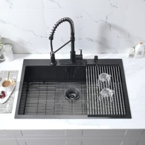 33 Inch Black Kitchen Sink Drop In-Bokaiya 33x22 Black Stainless Steel Drop In Kitchen Sink Topmount 16 Gauge Deep Matte Black Single Bowl Kitchen Sink with Dish Grid & Roll Up Rack