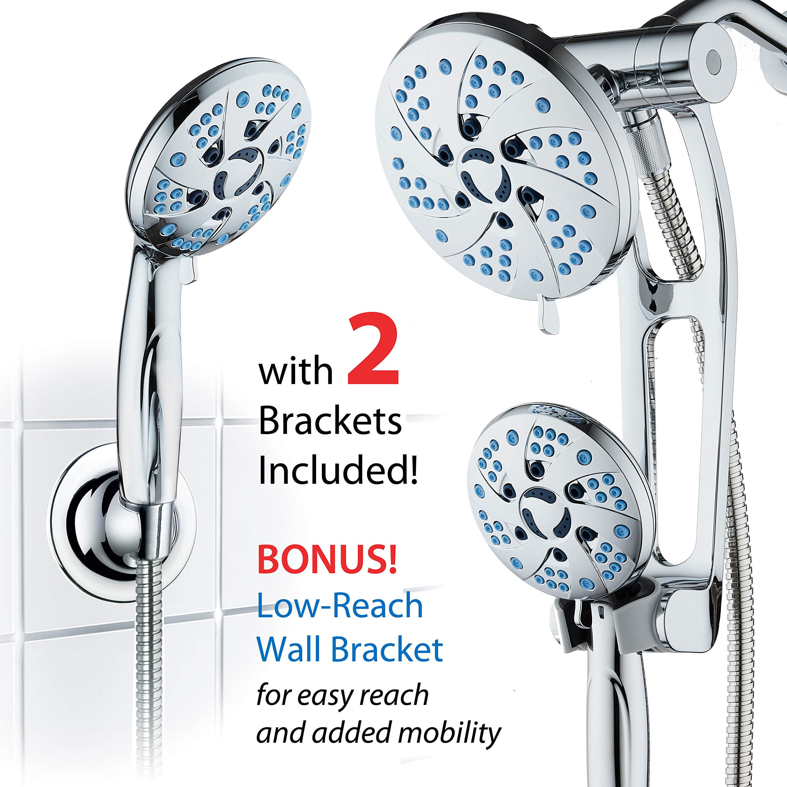 AquaCare Spa Station High Pressure 48-mode Rain & Handheld 3-way Shower Head Combo with Adjustable Arm - Anti-clog Nozzles, Extra-long 6 ft Stainless Steel Hose, Wall Bracket/All Chrome Finish