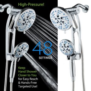 AquaCare Spa Station High Pressure 48-mode Rain & Handheld 3-way Shower Head Combo with Adjustable Arm - Anti-clog Nozzles, Extra-long 6 ft Stainless Steel Hose, Wall Bracket/All Chrome Finish