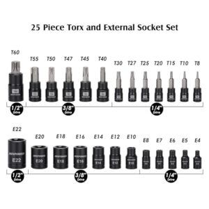 MIXPOWER 25 Piece Torx Bit and Socket Set, 13 Star Bits (T8- T60) & 12 E-Torx Sockets (E4-E22), Professional Grade Auto & Motorcycle Mechanic Set