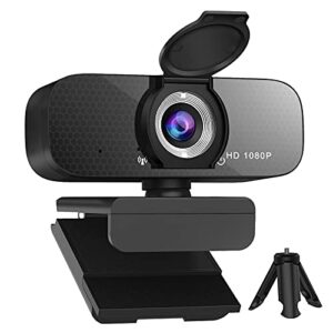webcam 1080p hd computer camera-in microphone and rotatable tripod, privacy cover, 1080p video, wide angle camera, for desktop pc or laptop computer, great for video conferencing, live streaming