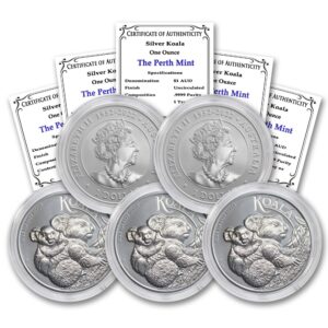 2023 p set of (5) 1 oz australian silver koala coins (brilliant uncirculated in capsule) and certificate of authenticity p seller bu