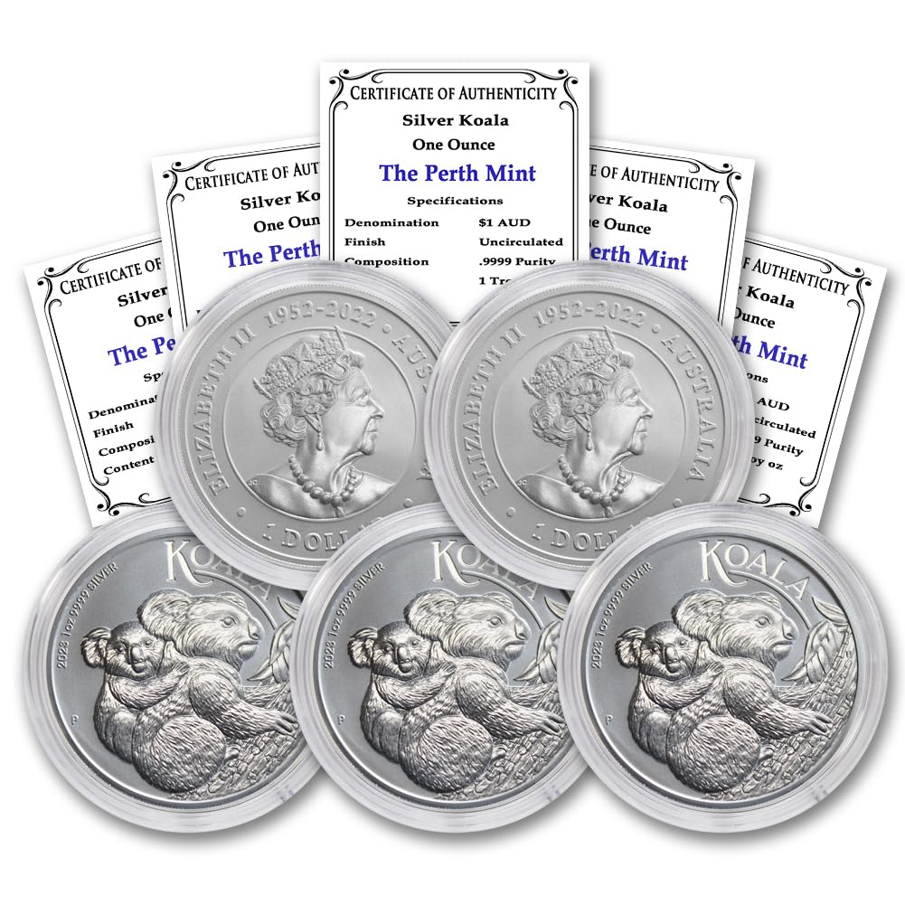 2023 P Set of (5) 1 oz Australian Silver Koala Coins (Brilliant Uncirculated in Capsule) and Certificate of Authenticity P Seller BU