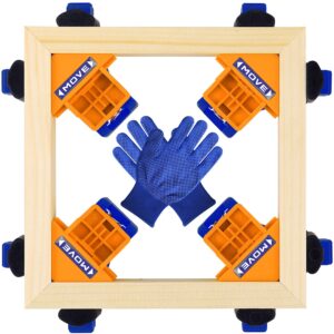 corner clamps for woodworking,90 degree right angle clamps set of 4,woodworking tools with work gloves,adjustable spring loaded square clamp for carpenter,drilling,cabinets,photo framing blue