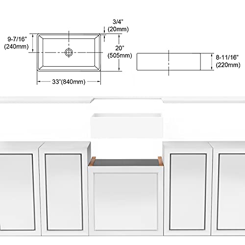 CELAENO 33 Inch White Farmhouse Sink, Single Bowl Ceramic Apron-Front Kitchen Sink, Porcelain Farm Sink with Strainer & Protective Bottom Grid