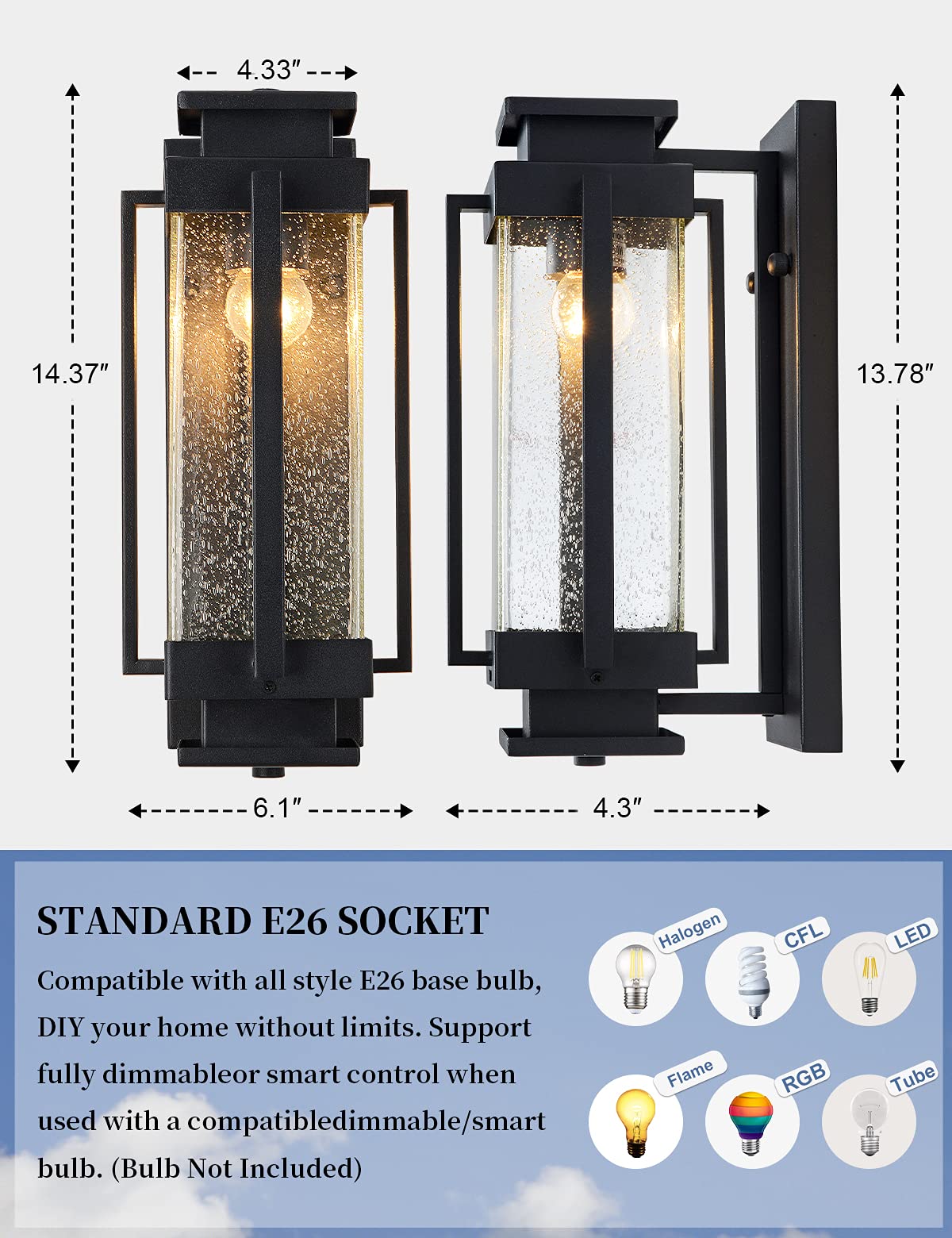 EERU Dusk to Dawn Outdoor Wall Lanterns Large Exterior Porch Lights Wall Mount IP65 Waterproof Outdoor Sconces with Seeded Glass Outside Wall Lamp for House Garage Front Porch Patio