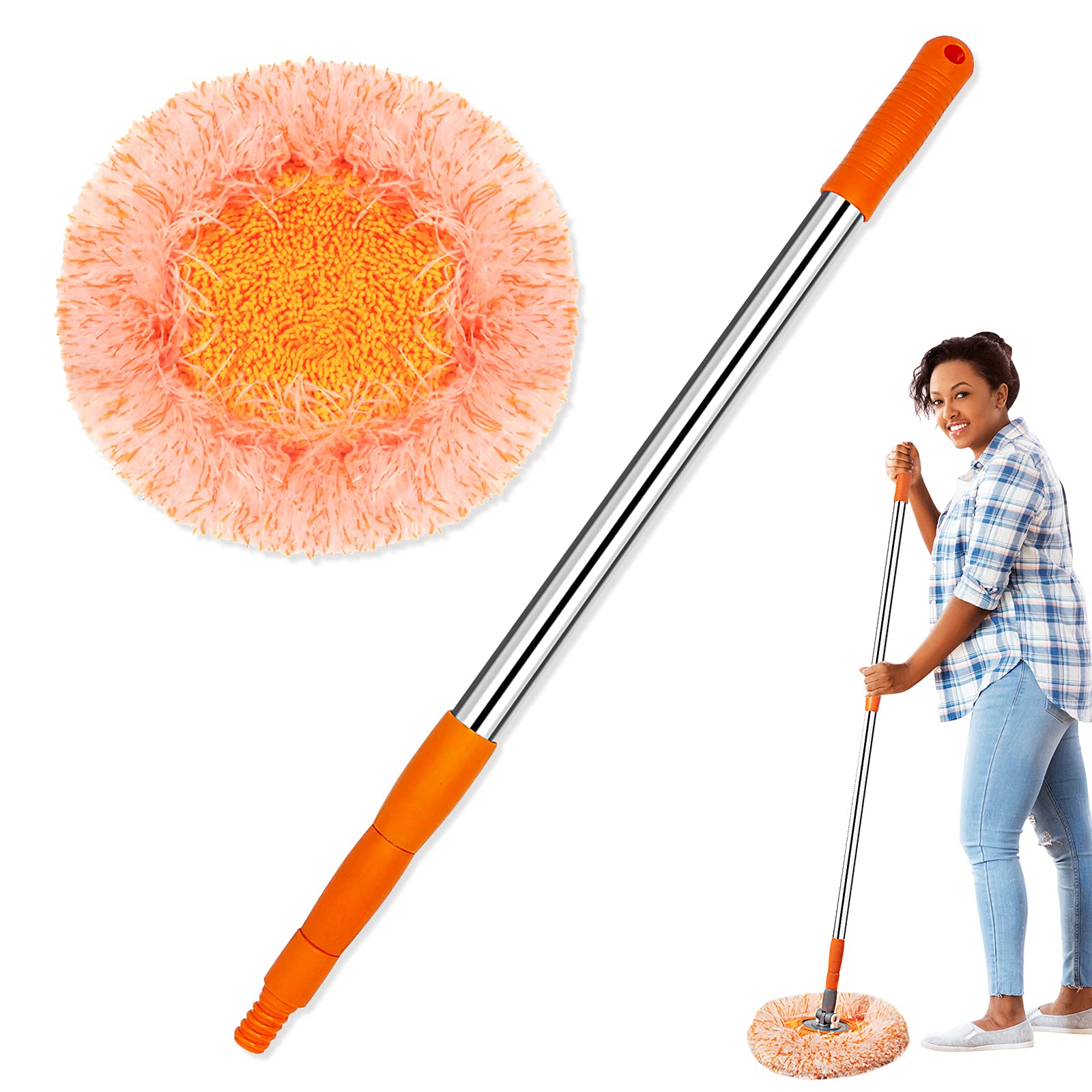 TIMIVO Dust Mop, Microfiber Mops for Floor Cleaning, with Height Adjustable Handle and 1 Washable Mops Pad, Wet & Dry Floor Cleaning Mop for Hardwood, Tiles, Laminate - Dust Broom (Orange)