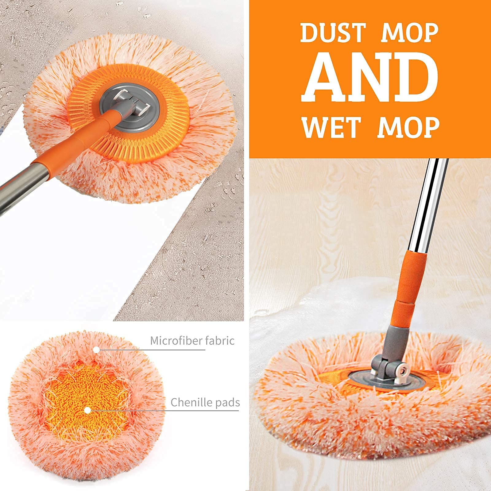 TIMIVO Dust Mop, Microfiber Mops for Floor Cleaning, with Height Adjustable Handle and 1 Washable Mops Pad, Wet & Dry Floor Cleaning Mop for Hardwood, Tiles, Laminate - Dust Broom (Orange)