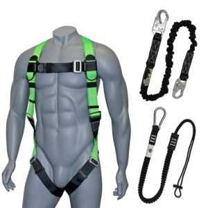 afp universal full-body fall protection safety harness with dorsal d-ring and mating buckle legs | high-visibility green | shock absorbing lanyard & tool lanyard (osha/ansi)