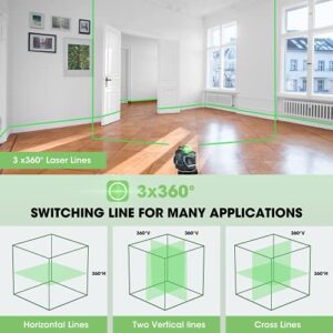 3D Self Leveling Laser Level - 3×360° Green Laser Leveler 12 Lines Laser Level Self Leveling For Outdoor Indoor with Remote Controller, 132Ft Cross Level Laser with 2 Vertical and 1 Horizontal Lines