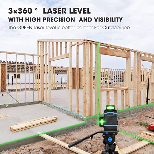 3D Self Leveling Laser Level - 3×360° Green Laser Leveler 12 Lines Laser Level Self Leveling For Outdoor Indoor with Remote Controller, 132Ft Cross Level Laser with 2 Vertical and 1 Horizontal Lines