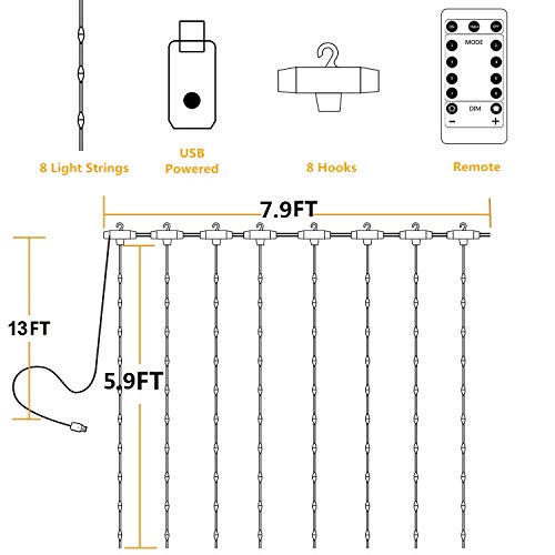 YEOLEH String Lights Curtain,USB Powered Fairy Lights for Bedroom Party,8 Modes & IP64 Waterproof Ideal for Garden,Patio (Blue,7.9Ft x 5.9Ft)