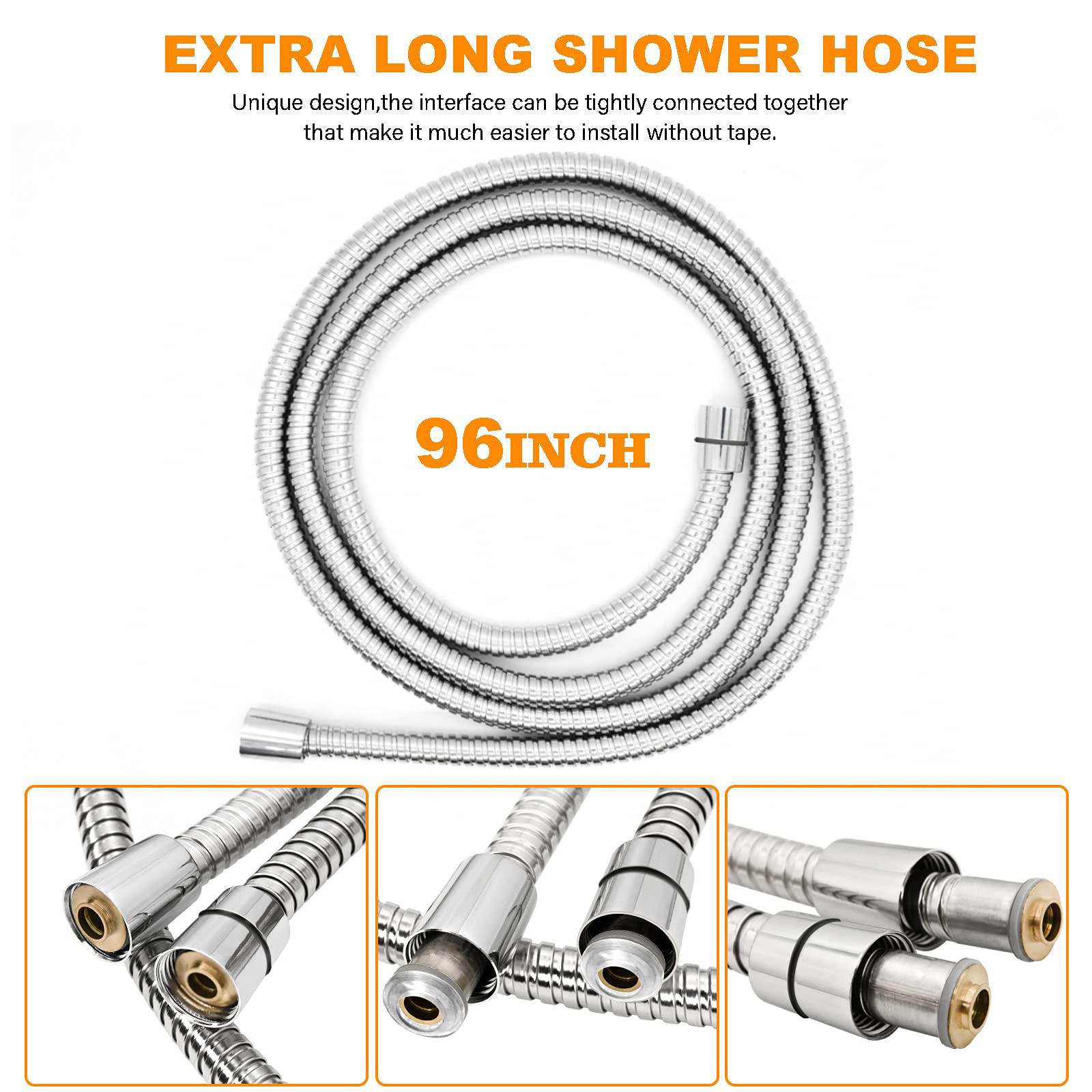 Metal Shower Hose Replacement，96 inch Extra Long Chrome Handheld Shower Head Hose - Lightweight And Flexible