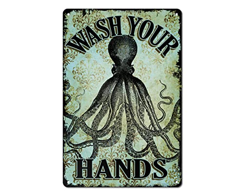 Octopus Wash Your Hands Bathroom Wall Metal Sign