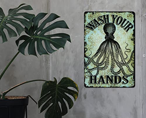 Octopus Wash Your Hands Bathroom Wall Metal Sign