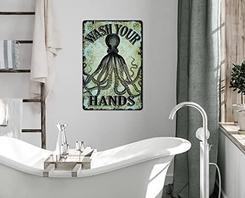 Octopus Wash Your Hands Bathroom Wall Metal Sign