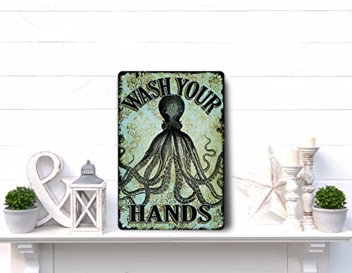 Octopus Wash Your Hands Bathroom Wall Metal Sign