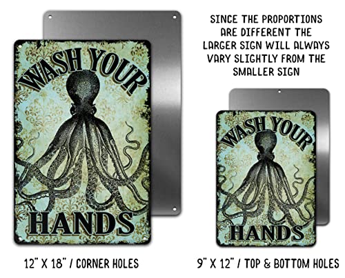 Octopus Wash Your Hands Bathroom Wall Metal Sign