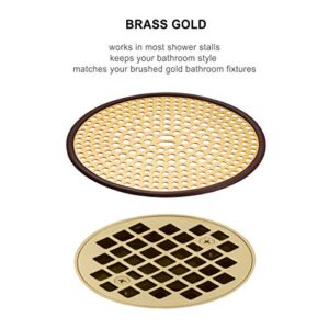 304 Stainless Steel Hair Catcher Shower Drain Cover with Silicone, Shower Stall Drain Strainer, Bathtub Hair Stopper, Bathroom Hair Trap Floor Drain Protector, Brushed Gold Brass 4.33 Inch Round Flat