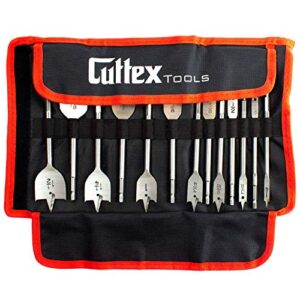1/4" to 1-1/2" (6mm-38mm) cuttex tools spade drill bit set, 13 pcs the most common sizes, full set heavy duty paddle flat bits, nylon storage pouch included