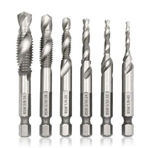 mesee 6 pieces drill tap combination bit set, 1/4'' hex shank hss deburr countersink bits spiral screw tap tool kit - imperial 1/8 5/32 3/16 1/4 5/16 3/8
