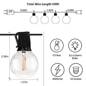 BRTLX Outdoor String Lights, 100FT LED G40 Weatherproof Patio Lights with 50+2(Spare) Waterproof Backyard Shatterproof Hanging Lights String Commercial for Balcony Birthday Party