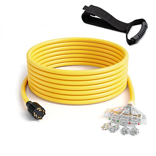 Kutatek 50Ft Heavy Duty Generator Extension Cord,NEMA L14-30P to Four 5-20R, 4 Prong, 30 Amp 125/250V 7500 Watts, 10 Gauge SJTW Flexible Cable, Twist Lock