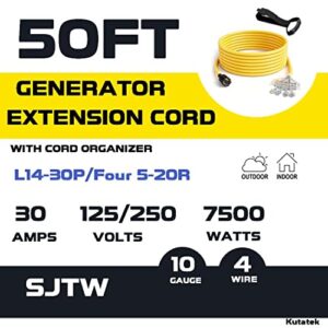 Kutatek 50Ft Heavy Duty Generator Extension Cord,NEMA L14-30P to Four 5-20R, 4 Prong, 30 Amp 125/250V 7500 Watts, 10 Gauge SJTW Flexible Cable, Twist Lock