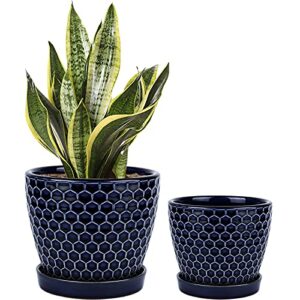 docrin indoor plant pots- 6.6 and 5.5 inch,ceramic pots for plants with drainage holes and saucer for succulent, flower and plant, gardening decoration gift,indoor ，set of 2, blue，honeycomb