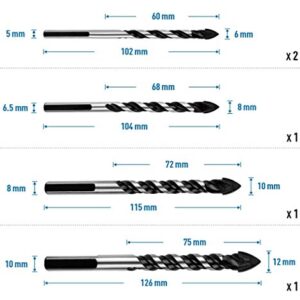 CUTTEX TOOLS Multi-Material Drill Bit Set, 5 Pcs HEAVY DUTY Multipurpose Tungsten Carbide Tip Most Common Sizes (6, 6, 8, 10, 12mm), For Drilling in Tile, Glass, Mirror, Concrete, Wood, and Plastic