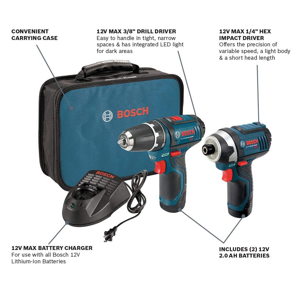 BOSCH 12V Max Cordless Drill/Driver and Impact Driver Combo Kit with Accessories