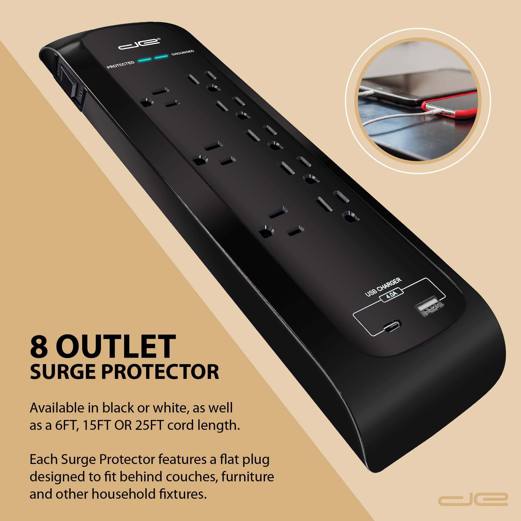 Digital Energy 8 Outlet Surge Protector Power Strip 4200 Joules USB-C and USB-A, 3 Wide Spaced Outlets, 6 Foot 14/3 AWG Cord, White