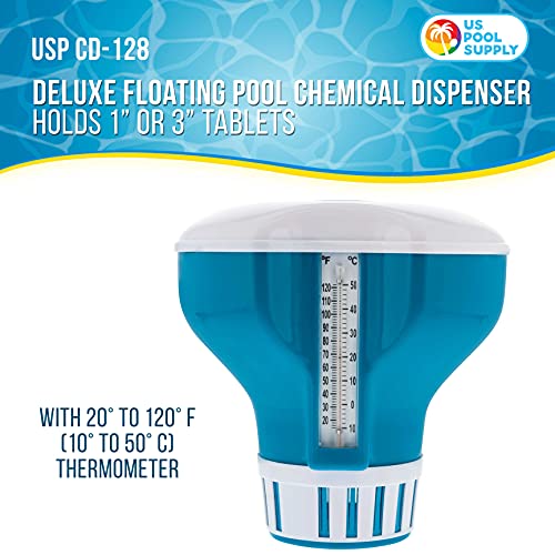U.S. Pool Supply Large Pool Floating Chlorine Chemical Dispenser with 120° F Thermometer, 7" Diameter - Holds 3" Tablets - Adjustable Chemical Delivery Pool Maintenance Floater - Spa, Hot Tub