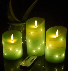green led flameless candle with embedded starlight string, 3 led candles, 10-key remote control, 24-hour timer function, dancing flame, real wax, battery powered. (grass green)