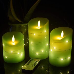 Green LED flameless Candle with Embedded Starlight String, 3 LED Candles, 10-Key Remote Control, 24-Hour Timer Function, Dancing Flame, Real Wax, Battery Powered. (Grass Green)