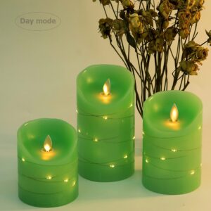 Green LED flameless Candle with Embedded Starlight String, 3 LED Candles, 10-Key Remote Control, 24-Hour Timer Function, Dancing Flame, Real Wax, Battery Powered. (Grass Green)