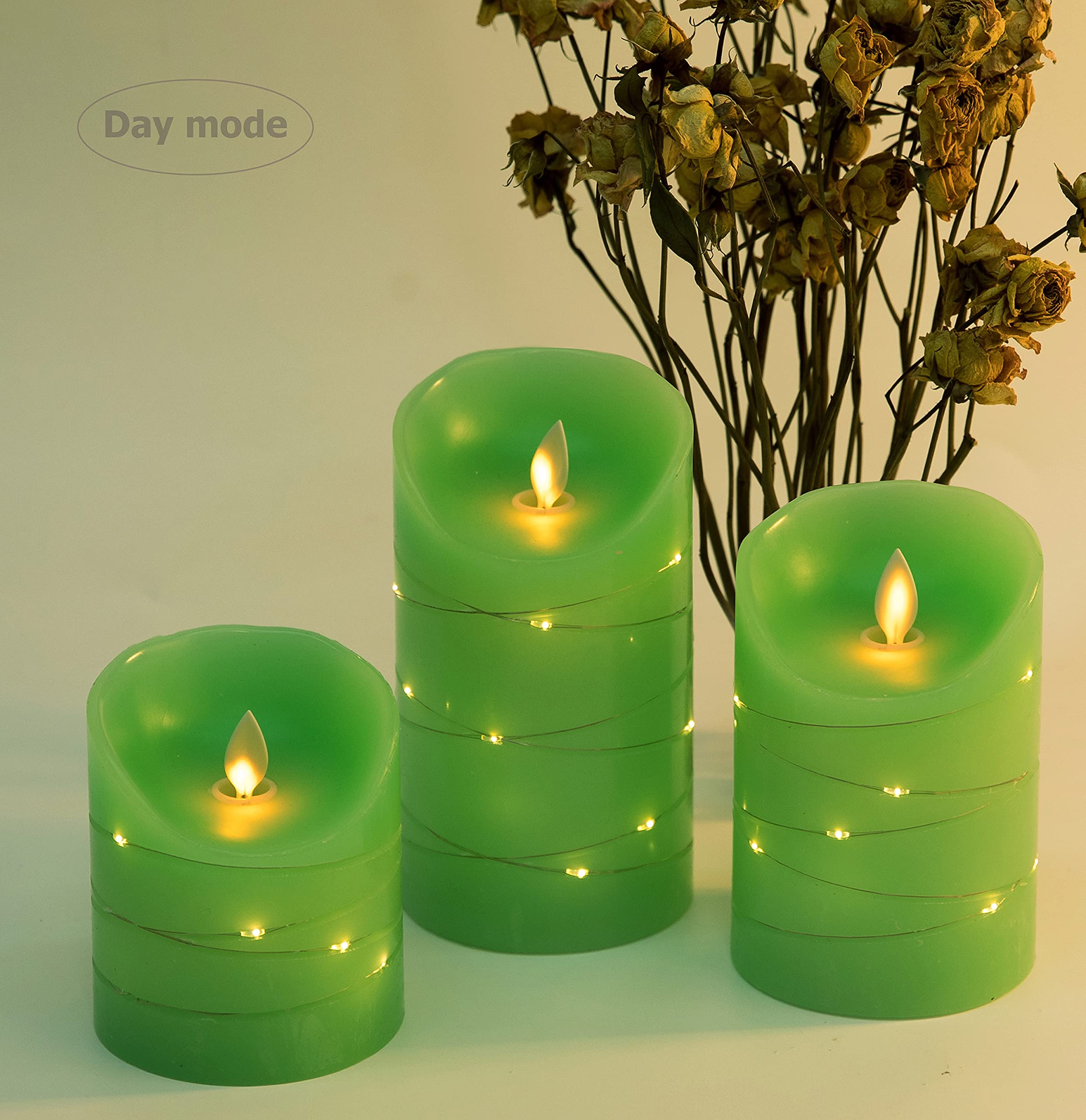 Green LED flameless Candle with Embedded Starlight String, 3 LED Candles, 10-Key Remote Control, 24-Hour Timer Function, Dancing Flame, Real Wax, Battery Powered. (Grass Green)